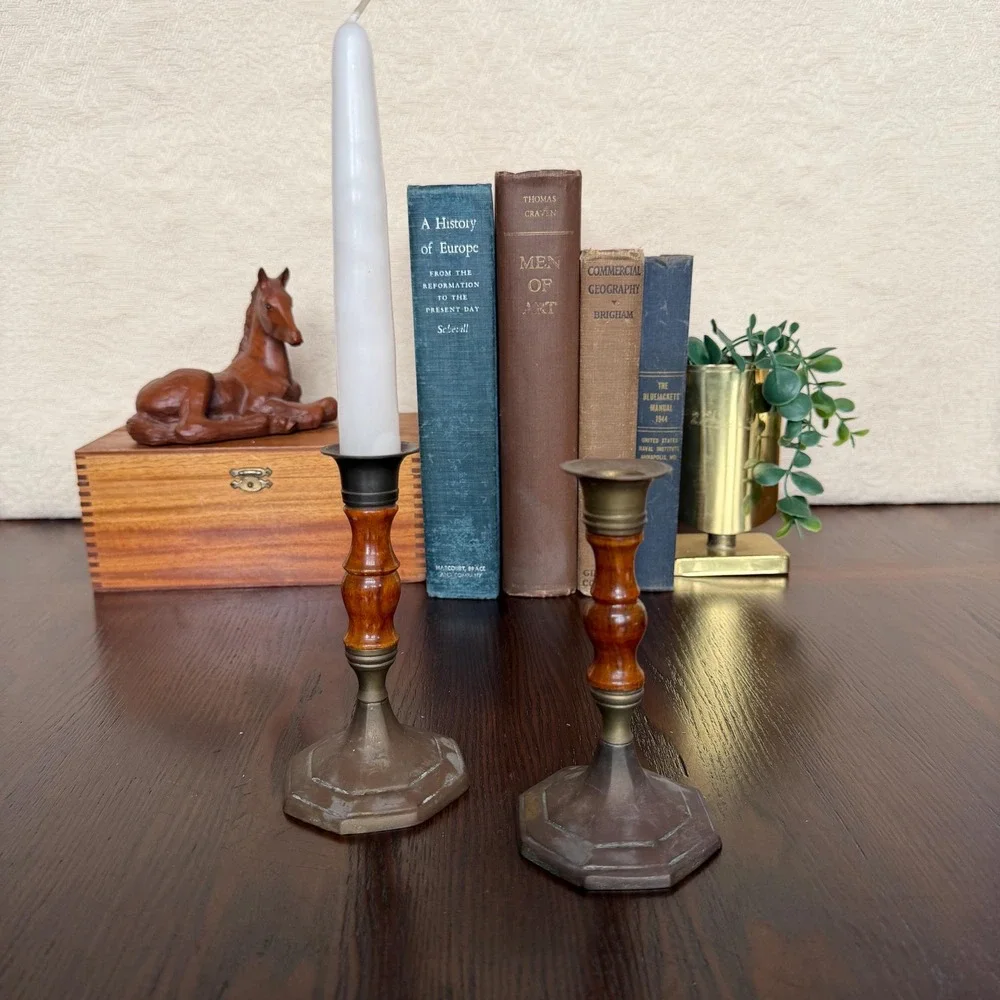 Vintage Brass & Wood Candlesticks Pair